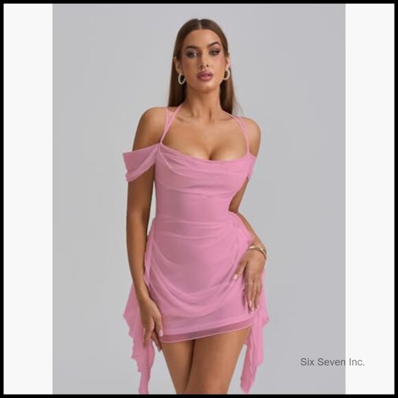 Mesh Bodycon Mini Dress Ruffle Ruched One Shoulder Party Club - Picture 4 of 7